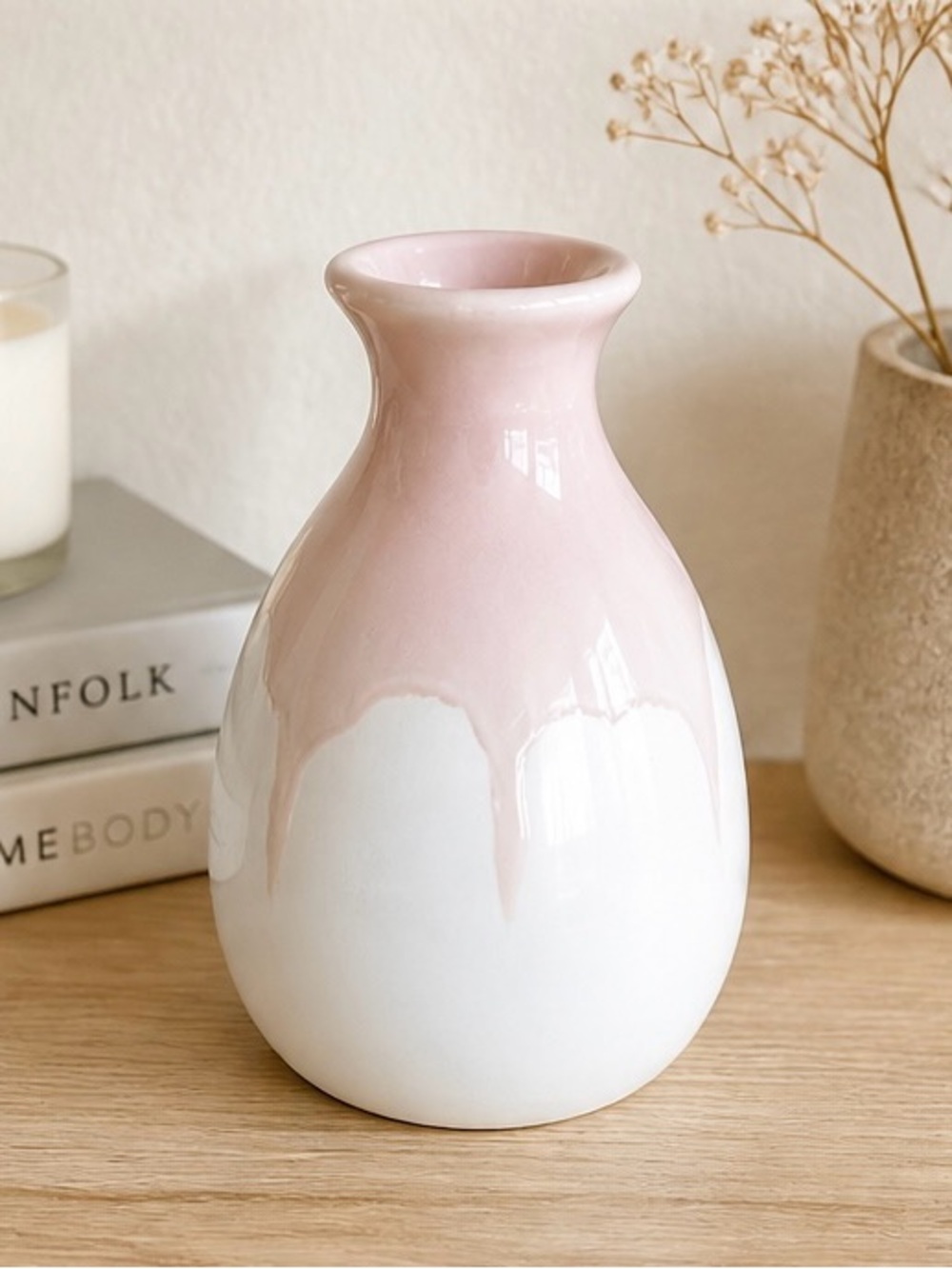 Isaac Mizrahi Pink White Drip Glaze Vase Small Bud Vase Ceramic Modern